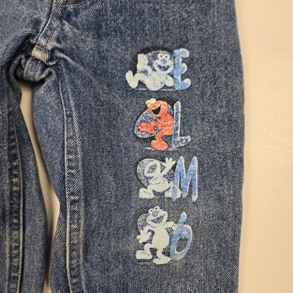 Vintage Y2K Multiprint High Waisted Elastic  Back Medium Wash ELMO Jeans 2T - Picture 3 of 5